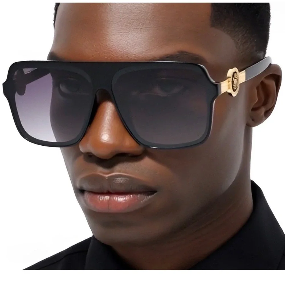 Retro Oversized Square Vintage Gold Metal Men Designer Fashion Sunglasses Luxury
